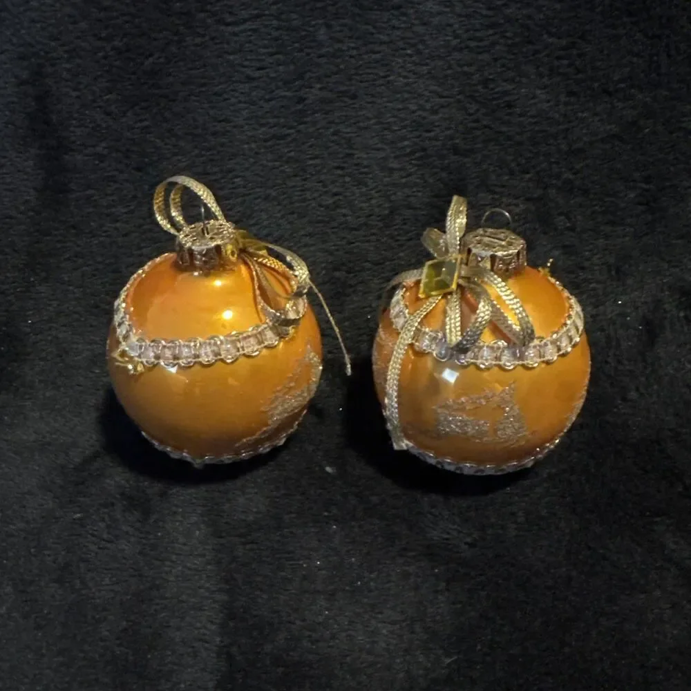 2 Vintage 50s Shiny Brite Gold Glitter Reindeer Ribbon Christmas Ornaments